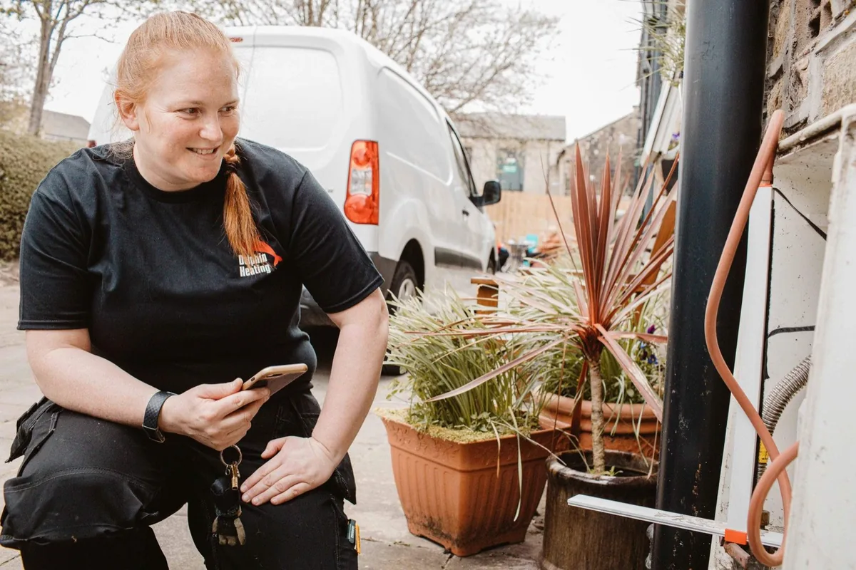 Fay from Dolphin Heating, a female gas engineer in Huddersfield, on a boiler service call